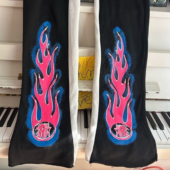 Rockstar Original Size M Flame Track Pants Stacked Flared Leg in Black - Picture 4 of 14